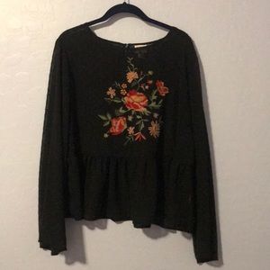 Sheer black on black polka dot embroidered blouse